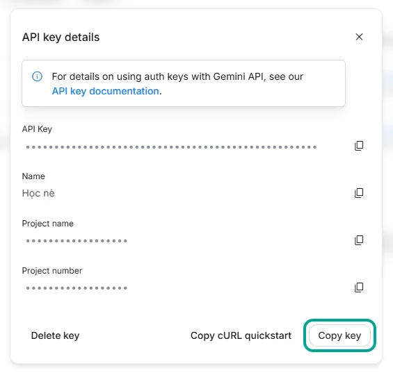 Bấm Copy key để sao chép khóa
