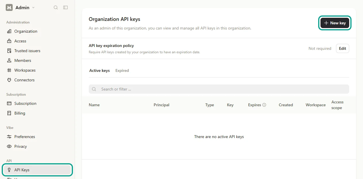 Bấm New key ở trang Organization API keys